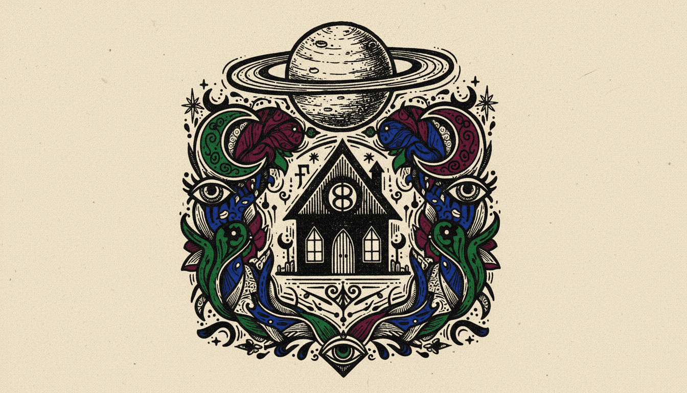 Dark cosmic gateway with Saturn's rings visible, symbolizing transformation, death, and rebirth