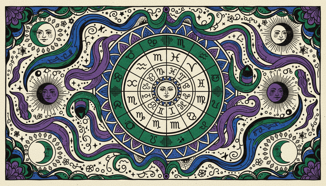 Detailed astrology chart interpretation guide showing zodiac wheel, planetary positions, and symbolic annotations