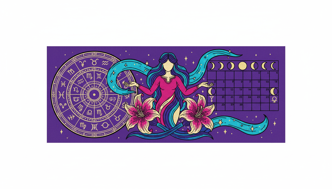 Birth chart wheel on left, horoscope calendar on right, connected by flowing stars and lines