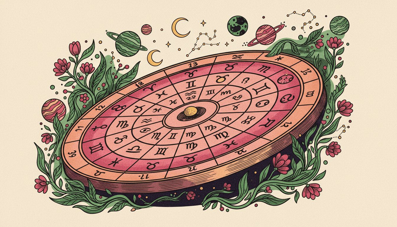 Celestial birth chart wheel displayed against a starry cosmic background with zodiac symbols and planetary positions