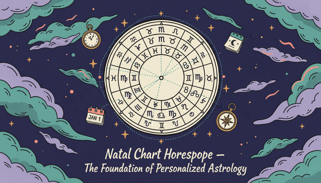 Natal chart wheel with horoscope symbols showing planetary positions and zodiac signs
