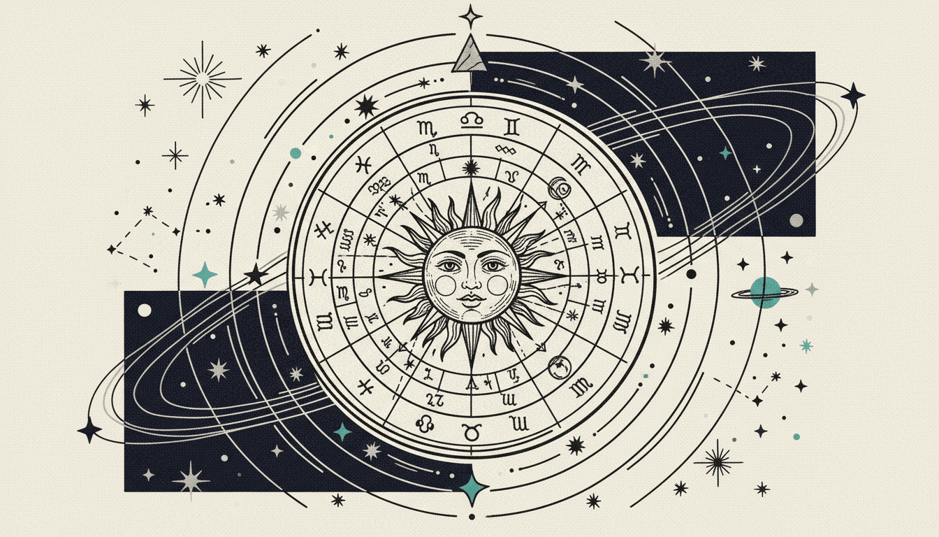 Birth chart wheel showing zodiac signs, planets, and houses in a circular cosmic design